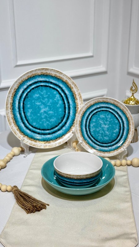 طقم صحون سفرة 24 قطعة بورسلان تركواز موشح TRP431 Turquoise ++