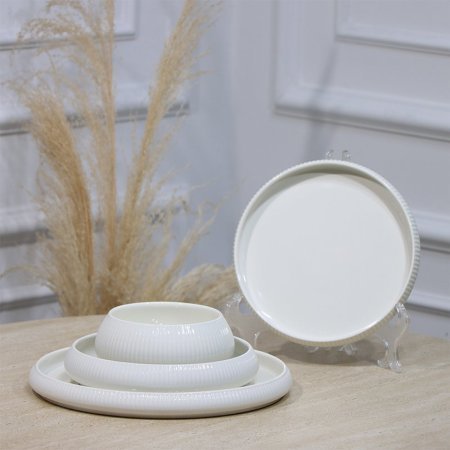 طقم صحون بورسلان / 24 ابيض محزز وجه ابيض JE8109++