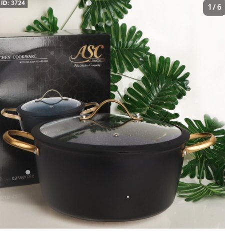 طنجره 28سم جرانيت اسود ماط يدين ذهبي غطا زجاج %ط5 FC-0528