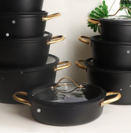 مقلى 28سم جرانيت اسود ماط يدين ذهبي غطا زجاج %ط5