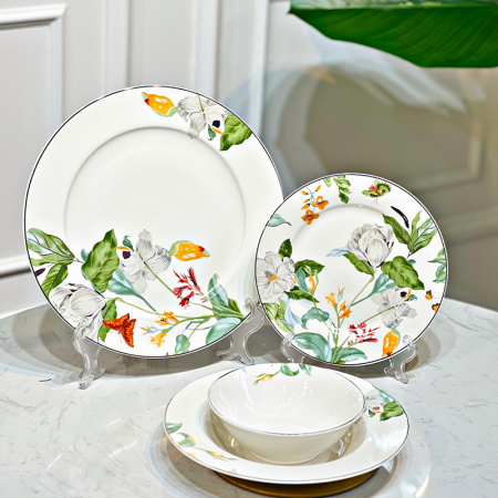 طقم صحون سفره /24 قطعه مدور بورسلان ابيض مرسم ازهار خضرا QRD241329-C++ص