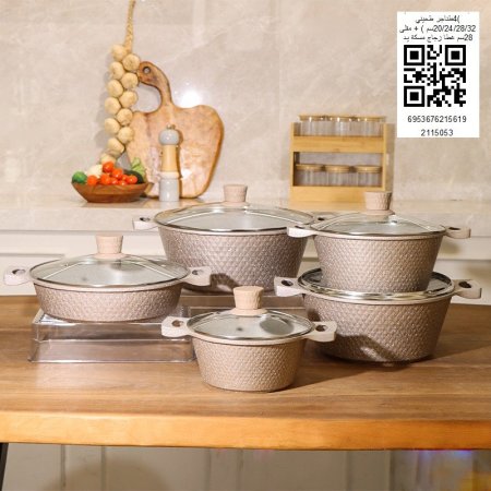4 طناجر  طحيني 32/28/24/20 + مقلى 28سم غطاء زجاج مسكة يد