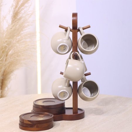 طقم فناجين قهوه بورسلان بيج ماط 6/6 مع ستاند خشب بني غامق  YM25043++ع1