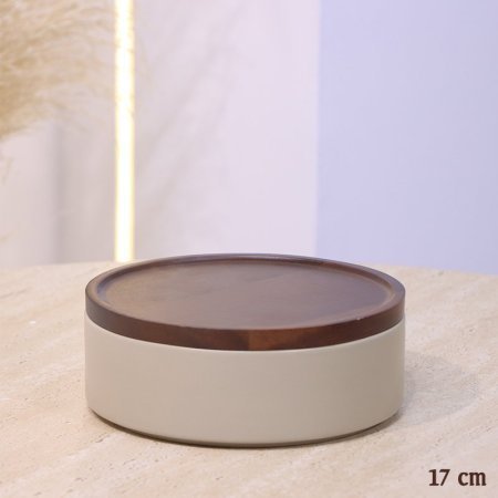 مضيفة بورسلان 17 سم مدور بيج ماط غطاء خشب بني غامق YM1012++ع1