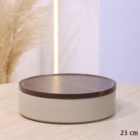 مضيفة بورسلان مدور بيج ماط 23 سم غطاء خشب بني غامق YM1013++ع1