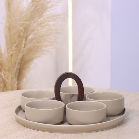 طقم مضيفه صنيه يد خشب +5 صحون مكسرات بورسلان بيج ماط YM14580++ع 1