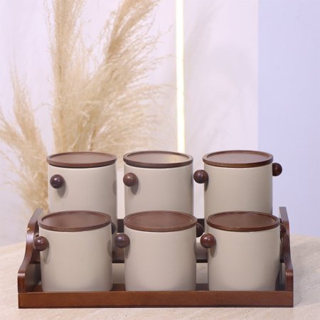 طقم بهارات /6 بورسلان بيج ماط مع قاعده ويدين خشب بني  YM257119++ع1