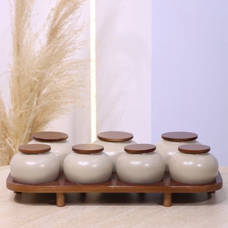 طقم بهارات /7 بورسلان قعدة وغطاء خشبي بني غامق YM231004++ع1