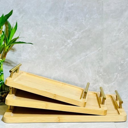 طقم صواني خشب بامبو /3 (27/33/40 سم) مستطيل فاتح يد مقبض K140/3=ض9