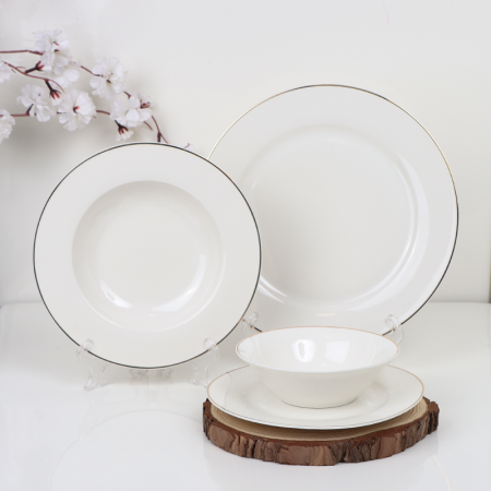 طقم صحون سفره مدور 24 قطعه بورسلان ابيض QED23481-1اطار بلاتين ++T
