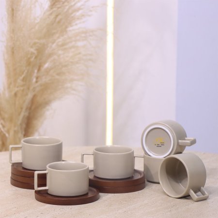 طقم فناجين قهوه 6/6 بورسلان بيج ماط صحن خشب بني غامق YM25701++ع1