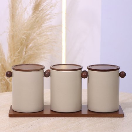 طقم بهارات /3 بورسلان بيج ماط مع صنيه ويدين خشب بني غامق YM257118++ع1