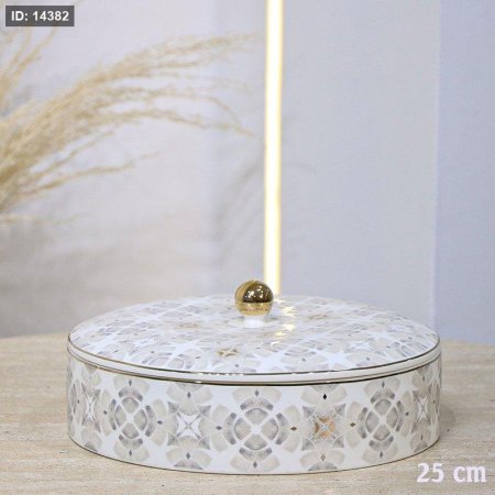 مضيفه مدور 25سم بورسلان بيج مرسم رمادي بغطا L-1934-2G-4503 ++ع.ج