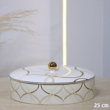 مضيفه مدوره 25 سم بورسلان بيج مخطط بني بغطا 1G-1954-L-4503++ع.ج