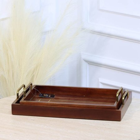 طقم صواني /2 خشب هندي 36*22+41*25 سم مستطيل يدين نحاس12ס%HO202462