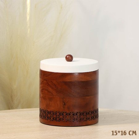 مضيفه سكاكر 16*15 سم خشب مدور 72622-B محفر غطا تنك بيج %ס13