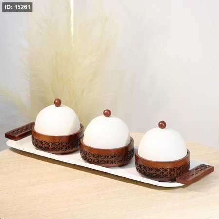 طقم 4/صنية مستطيل تنك بيج + 3مضايف مدور خشب محفر72618-Bغطا قبة تنك بيج %ס13