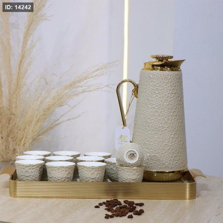 طقم/14 تيرموس قهوه +12فنجان ساده بورسلان بيج +صنيه ذهبي KHAKl-BW06-14S++9
