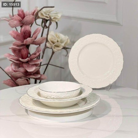 طقم صحون 24 قطعه بورسلان ابيض اطار مزخرف ورق حيف ذهبي JMD0569++ع6