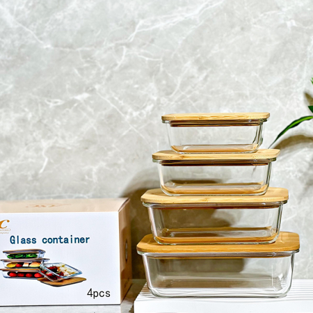 طقم اربع بايركس مستطيل( 22/20/17/15سم) زجاج حراري غطاء خشب KX83103++ح