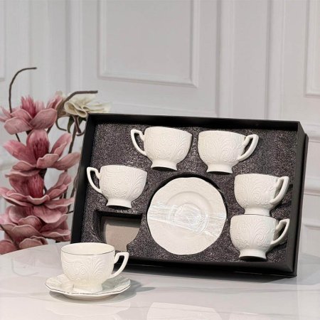 فناجين شاي 6/6 بورسلان ابيض محزز ورق JMD0572++ع 6