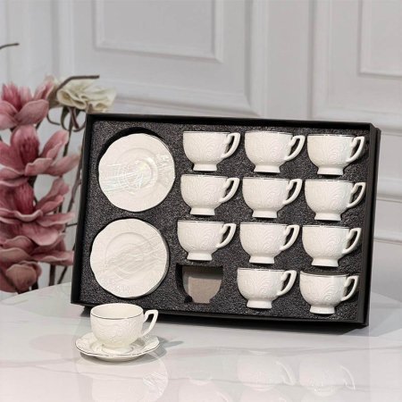 طقم فناجين قهوه 12/12 بورسلان ابيض مزخرف ورق JMD0571++ع6