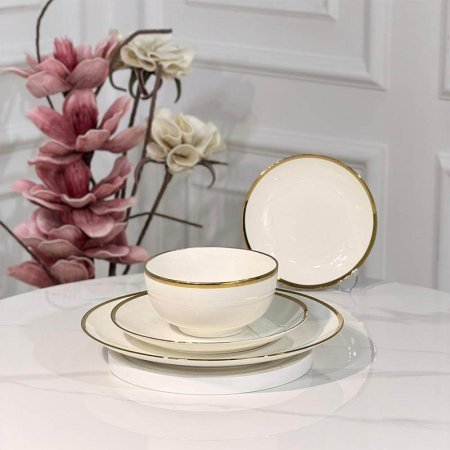 طقم صحون 24قطعه بورسلان ابيض اطار ذهبي عريض JMD0565++ع6