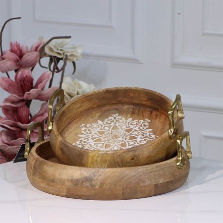 طقم صواني 2/ خشب مدور 30+35 سم   89721MS وجه محفر مزخرف ابيض يد نحاس هندي %ס15