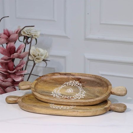 طقم صواني /2 خشب بيضاوي 50+46 سم 89713LSوجه محفر مزخرف ابيض هندي %ס15