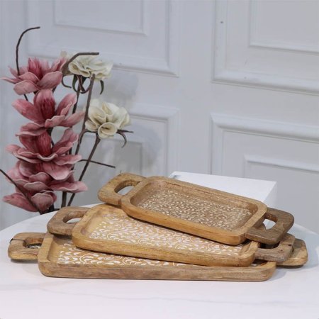 طقم صواني 3 / خشب مستطيل 89712LMS وجه محفر مزخرف هندي %ס15