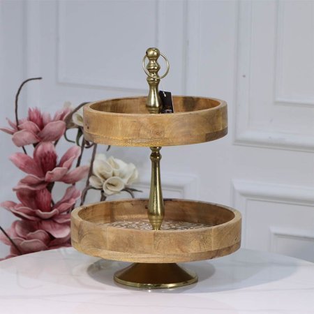 مضيفه 2 طبقه خشب مدور 89715 وجه محفر مزخرف مسكه نحاس هندي %ס15