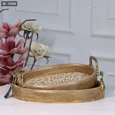 طقم صواني خشب 2/ بيضاوي 89722LS وجه محفر مزخرف ابيض دين نحاس هندي %ס15