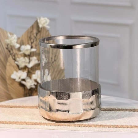 سلة مهملات زجاج مدور 26سم قاعده وحيف نحاس فضي 89629Dهندي %ס15