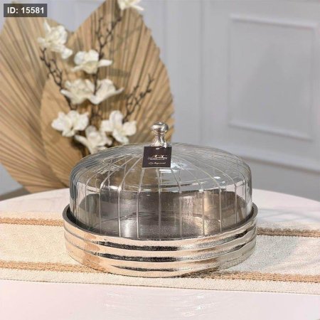 مضيفه مدوره 27سم نحاس فضي غطا فيه زجاج محزز 89958 هندي %ס15