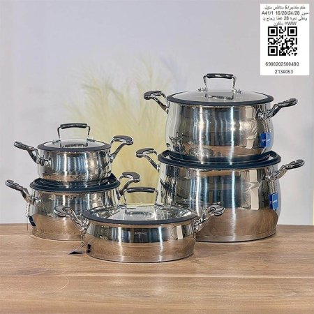 طقم طناجر 5/ ستانلس ستيل 28/24/20/16 ومقلى 28سم غطاء زجاج يد سلكونA41/1=WWW