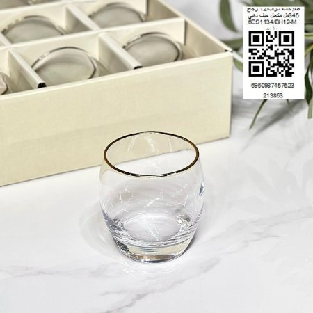 طقم كاسة شراب 12 زجاج 345مل مكعبل حيف ذهبي 6ES1134/BH12-M+ب.ف