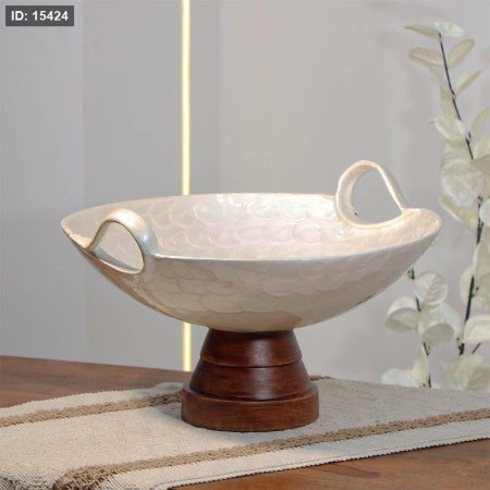 جاط فواكه تنك ابيض بيدين 32سم مدور 89333 قاعده خشب بني W هندي %ס14